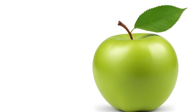 a crisp green apple with a green leaf on a white background with copy space