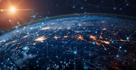 Wall Mural - global network concept, with visualization lines representing connections, glowing, earth