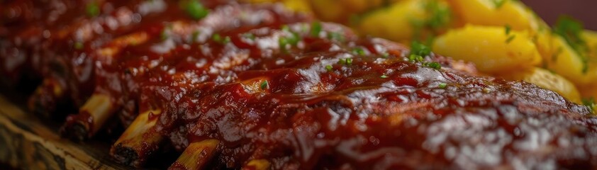 Delicious glazed BBQ ribs with golden roasted potatoes, garnished with fresh herbs on a wooden platter, ready to serve.