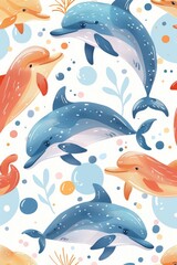 Wall Mural - dolphin pattern. cartoon doodle character illustration wallpaper design. ai generated