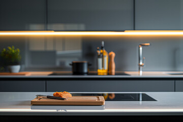 clean modern kitchen with a single cutting board