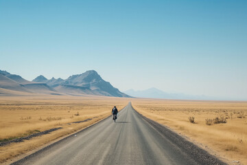 lone cyclist on a vast empty road with a clear sky