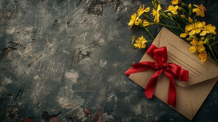 Poster - Romantic vintage background of blank card envelope yellow flowers and gift wrap with a red bow Copy space view from above : Generative AI