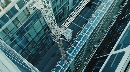 Poster - White crane towers at a large construction site of a glass building : Generative AI