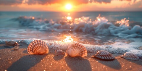 Canvas Print - Seashells on a Sandy Beach at Sunset