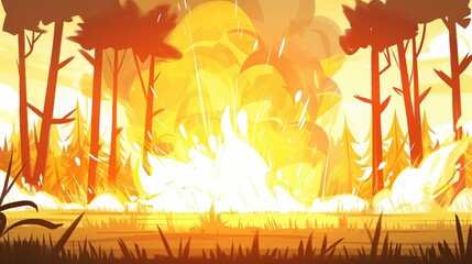 Illustration of a forest fire with blazing flames, trees burning, and intense orange hues in a wild scene of natural disaster.