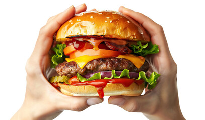 Wall Mural - Delicious juicy burger in hands, cut out