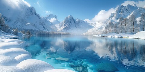 Poster - Winter Wonderland: Mountains Reflecting in a Frozen Lake