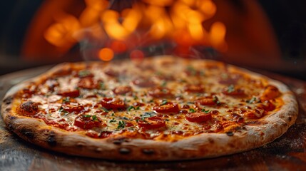 Wall Mural - A delicious wood-fired pizza topped with melting cheese and pepperoni, freshly baked with a crispy crust, depicted in front of a wood-fired oven with blazing flames.