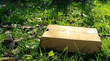 Aufkleber - The cardboard box is on the ground The mail is in a box on the green grassSending mailA blank form on a yellow cardboard parcel : Generative AI