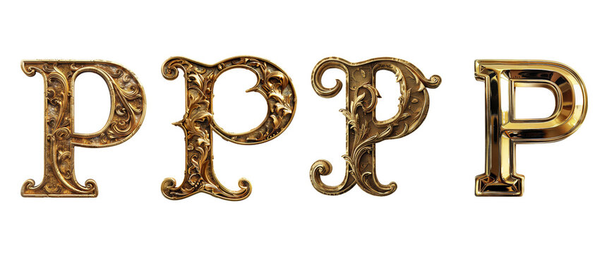 Set of 3D capital letter P in gold, ideal for typography and branding.