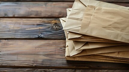 Aufkleber - Stacked brown envelopes on wooden background : Generative AI