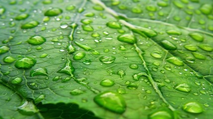 Aufkleber - Sparkling rain drops covering the surface of a large green leaf : Generative AI
