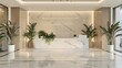 © The Little Hut - Interior of luxurious hospitality industry lobby at hotel filled with plants and posh decorations Empty cozy resort and reception front desk ready for arriving visitors contemporary ma : Generative AI
