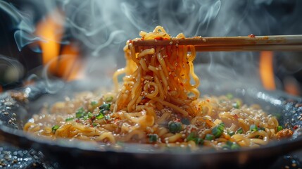 Chopsticks lifting steaming noodles garnished with spices, herbs, and green onions from a bowl, creating a visually appetizing presentation of flavorful Asian cuisine.
