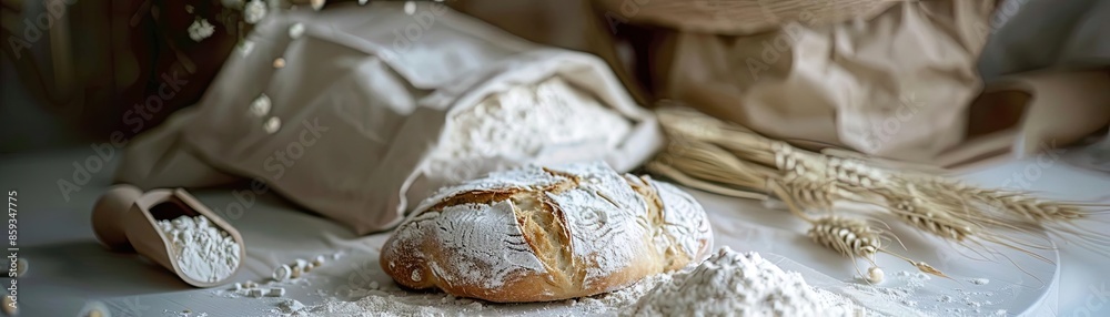 Freshly baked artisan bread surrounded by flour, grain, and paper bags ...
