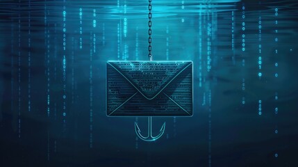 A fishing hook with an envelope icon hanging on it, representing the concept of harvesting live data from email in cyber hacker against a dark blue background. Digital illustration