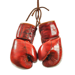 Wall Mural - Pair of old red leather boxing gloves hanging, cut out