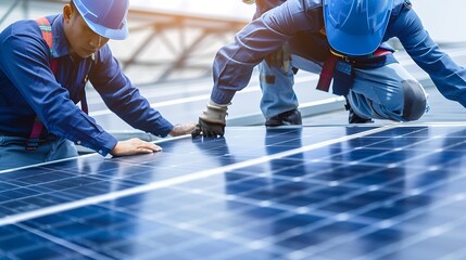 Poster - Technicians are inspecting standards of solar panels on roof of an industrial factory Electrical energy obtained from nature sunlight clean renewable energy : Generative AI
