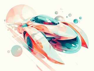 Wall Mural - Futuristic Psychedelic Digital Illustration of a High-Speed Hover Car with Abstract Elements in Pastel Blue and Pink Tones
