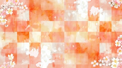 Wall Mural - A pattern of checkered squares in shades of orange and pink, adorned with delicate white flowers border. The background is filled with soft clouds, creating an elegant Japanese style design