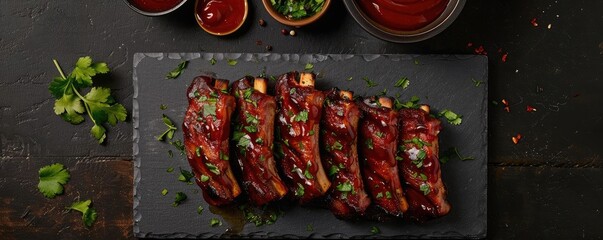 Wall Mural - Delicious barbecue ribs served on a slate platter garnished with fresh herbs, accompanied by sauces on the side.
