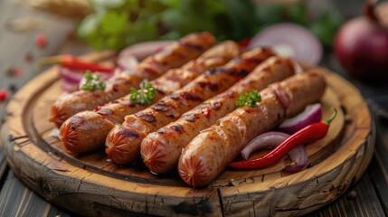 Wall Mural - Grilled sausages served on a wooden board with fresh herbs, chili peppers, and sliced onions, arranged in an appealing presentation.