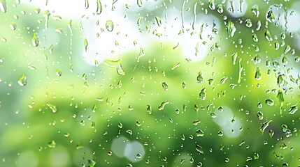 Poster - Rain drops on the window with blurred green trees in background Autumn concept : Generative AI