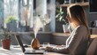 © The Little Hut - woman working on laptop from home near essential oil aroma diffuser humidifier diffusing water articles in the air Aroma therapy : Generative AI