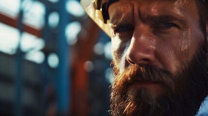 Fototapete - Closeup portrait of bearded man in protective helmet Serious mechanical worker foreman or repairman in construction hard hat Male builder architect or engineer in white hardhat and saf : Generative AI