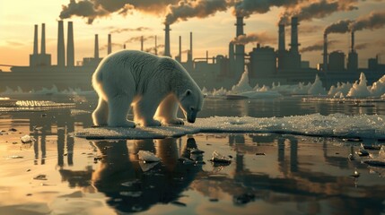 polar bear looks sadly at melting ice, dreams of a better world reflected in water