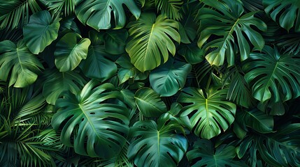  Tropical green foliage, lush leaves background. Nature and botanical concept