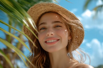 Wall Mural - Portrait of a beautiful young woman in a straw hat smiling at the camera on a tropical beach, with a blue sky and white sand background. Summer vacation concept.