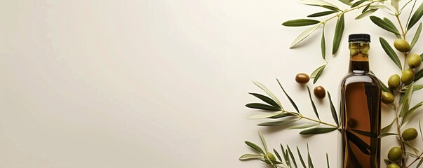 Close-up of an olive branch with olives and a bottle of olive oil.