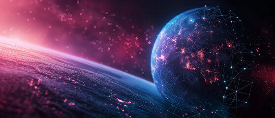 Wall Mural - Earth, technology and global network concept, digital data transfer on a blue gradient color background