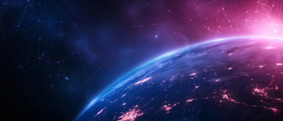 Earth, technology and global network concept, digital data transfer on a blue gradient color background