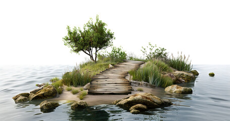 Wall Mural - Wooden walkway leading to a small island with trees, cut out