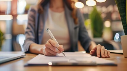 Poster - Female clerk at workplace is holding pen in hands and filling out application form template Manager secretary or boss send welcome email with promotional offer : Generative AI