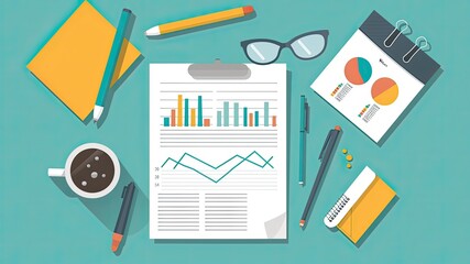 Top view of data analysis and strategies concept: Document, graph chart, and report on an office table. Vector art illustration.