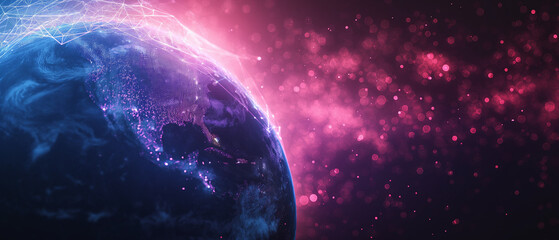 Earth technology and global network concept, digital data transfer on a blue gradient color background