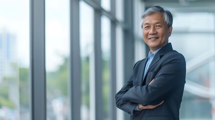 Poster - Portrait of happy mature Asian business man standing with arms crossed at the office work : Generative AI