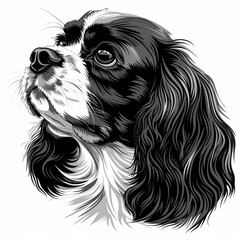 A black and white drawing of a Cavalier King Charles Spaniel dog