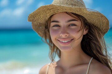 Wall Mural - Portrait of a beautiful young woman in a straw hat smiling at the camera on a tropical beach, with a blue sky and white sand background. Summer vacation concept.