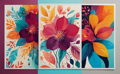 Set of three posters with multicolored abstract floral pattern.