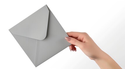 Poster - A femalewoman hand hold a grey envelope and post card isolated white at the studio : Generative AI