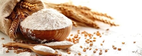 Wooden bowl filled with flour, wheat spikes, and wooden spoons on a white background, representing agriculture and baking ingredients.