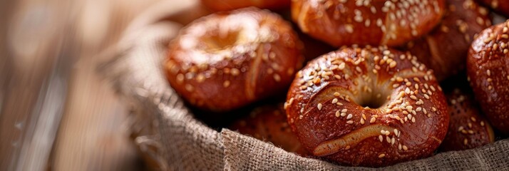 A close-up photo of a basket overflowing with golden brown sourdough bagels, each sprinkled with sesame seeds. The bagels appear freshly baked and have a slightly chewy texture