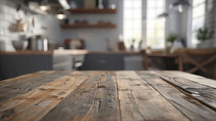 Focusing on wooden kitchen table without items blurred gray furniture in background Concept of product display