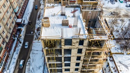 Poster - the construction site of an apartment building in the winter from a height : Generative AI