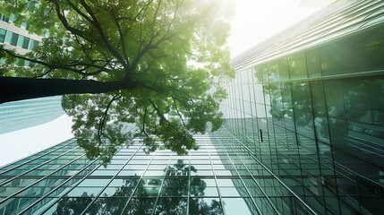 Wall Mural - Ecofriendly building in the modern city Sustainable glass office building with tree for reducing heat and carbon dioxide Office building with green environment Corporate building reduc : Generative AI